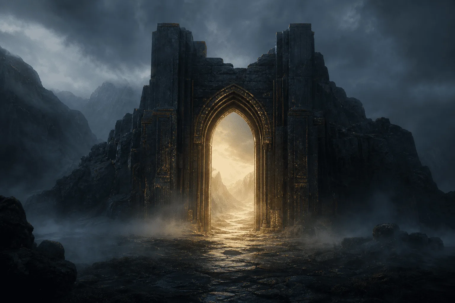 A luminous gateway opening into a dark fantasy landscape