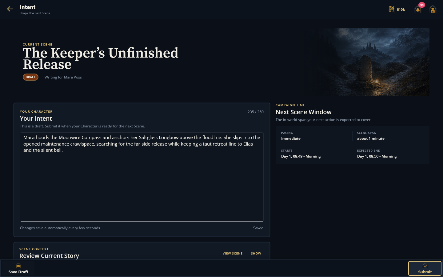 Mythborne's desktop Intent page with a complete draft for Mara Voss