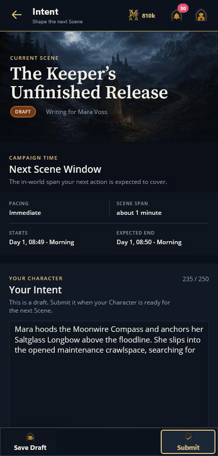 Mythborne's phone Intent page with the same complete draft and Scene context